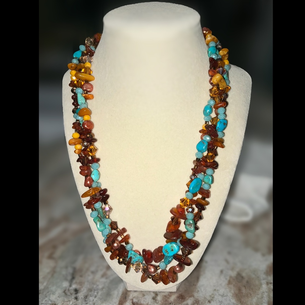 Artisan Amber, Turquoise & Freshwater Pearl Triple Strand Braided Necklace 20”